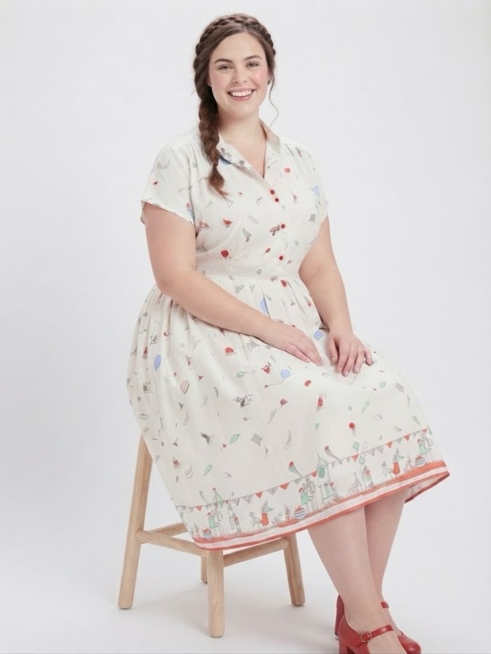 Palava Louise Shirt Dress Village Fete Print 100% Cotton Whimsical Midi Pockets